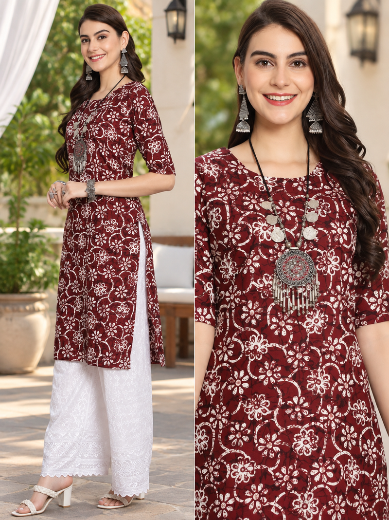 Premium Kurti For Women – Maroon Floral Printed Straight Kurta with White Palazzo